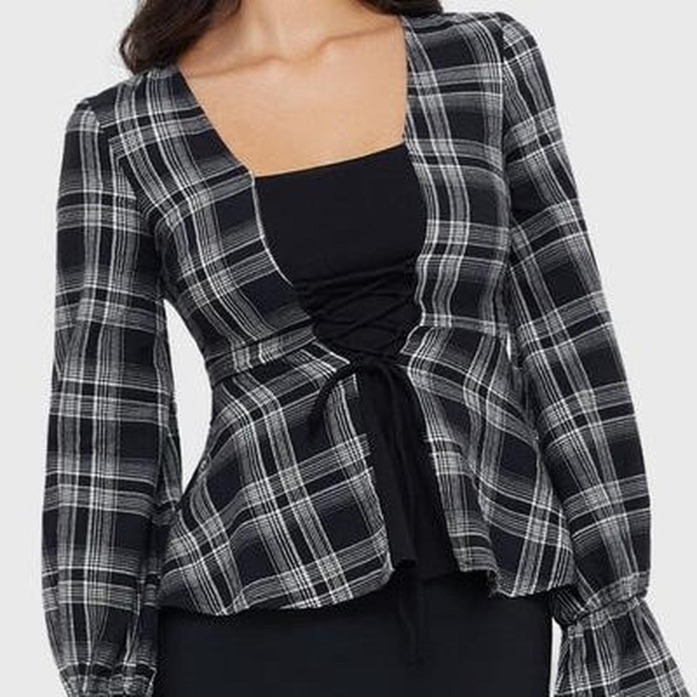Killstar Unearthly Grove Top Black White Tartan Plaid Lace Up 3xl KSRA011988XL
